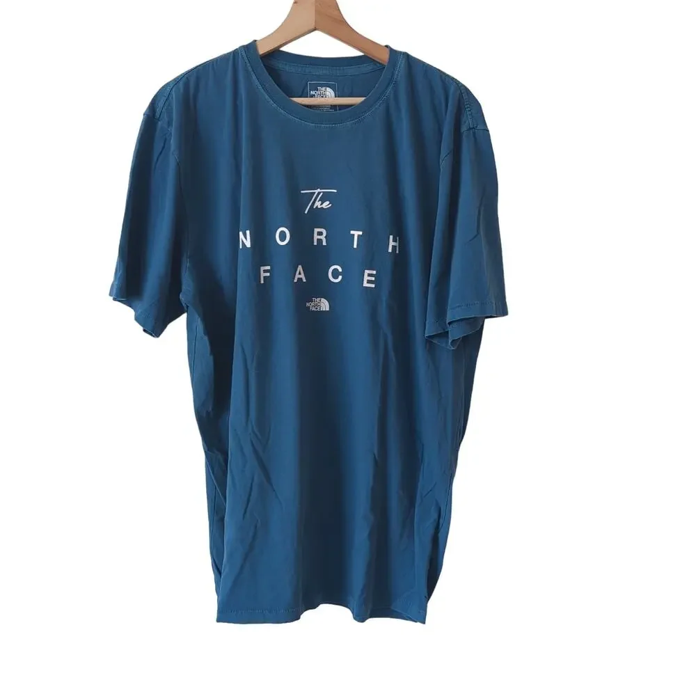 The North Face Sea Blue Spellout Logo Mens‎ T-Shirt XL Cotton Single Stitch Tee